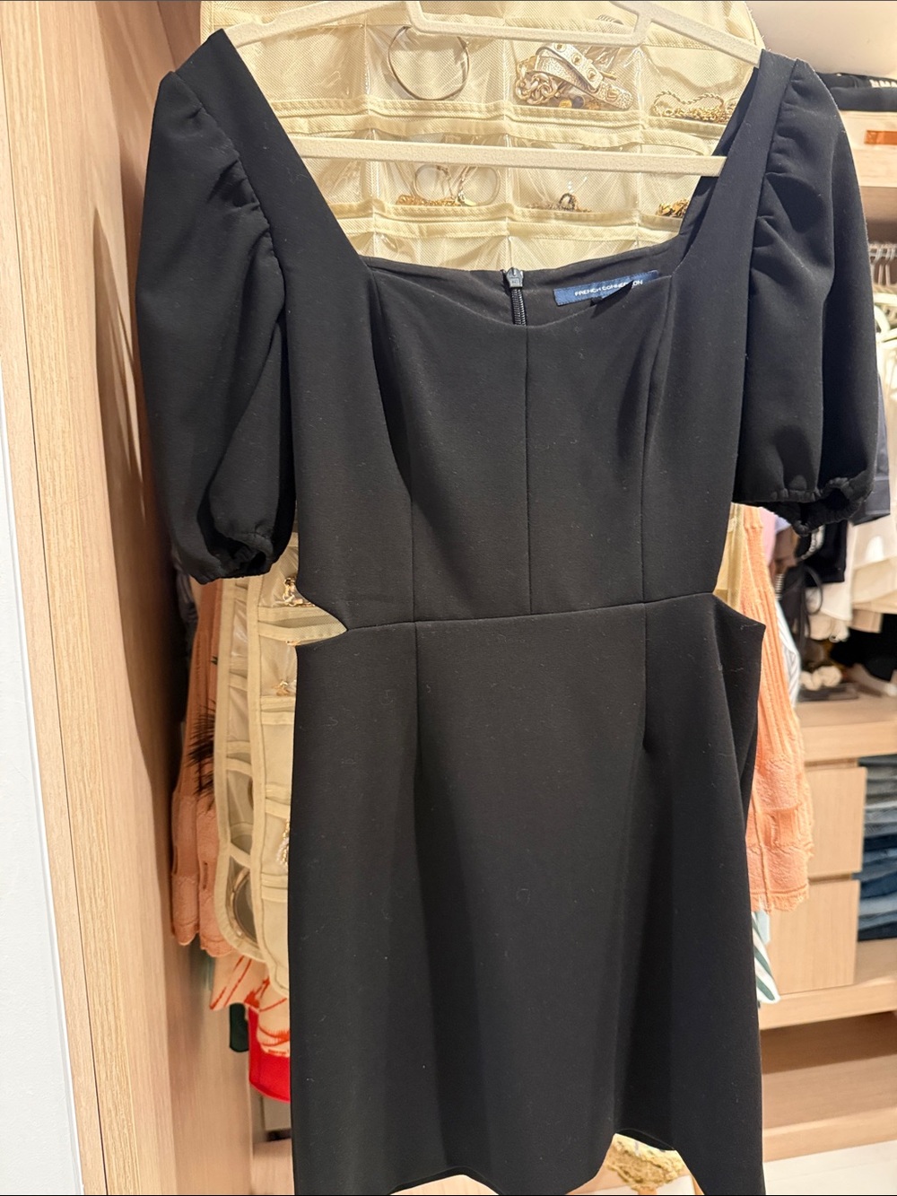 French Connection Black Square-Neck Puff-Sleeve Mini Dress